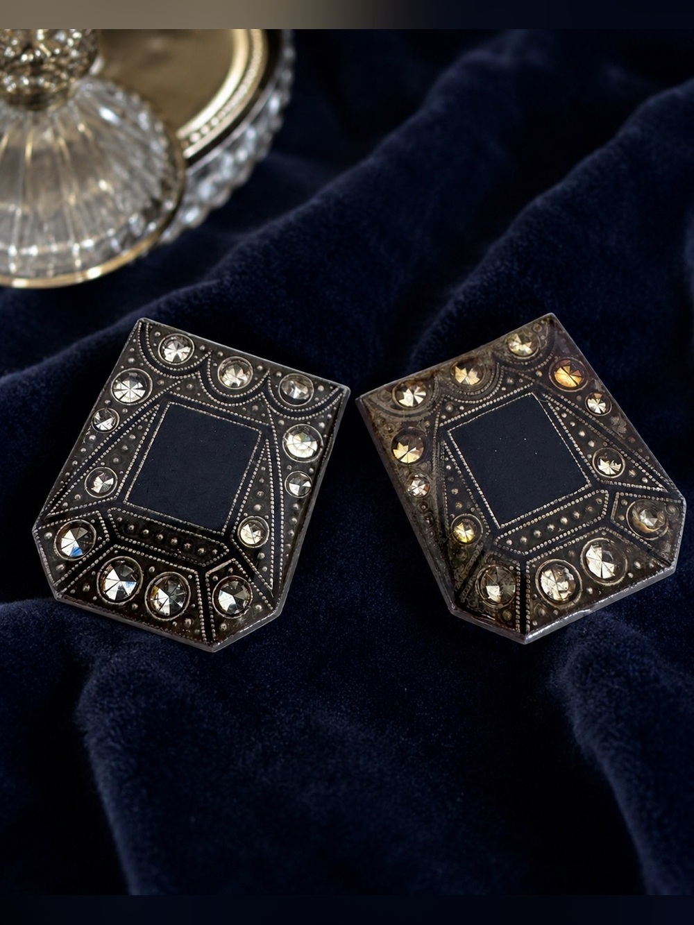 Vintage Pierre Bex French Blue Art Deco Revival Enamel Crystal Clip On Earrings